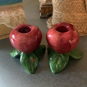 Vintage, FOOTED Franciscan APPLE, Candle Holders, RED with GREEN leaves.